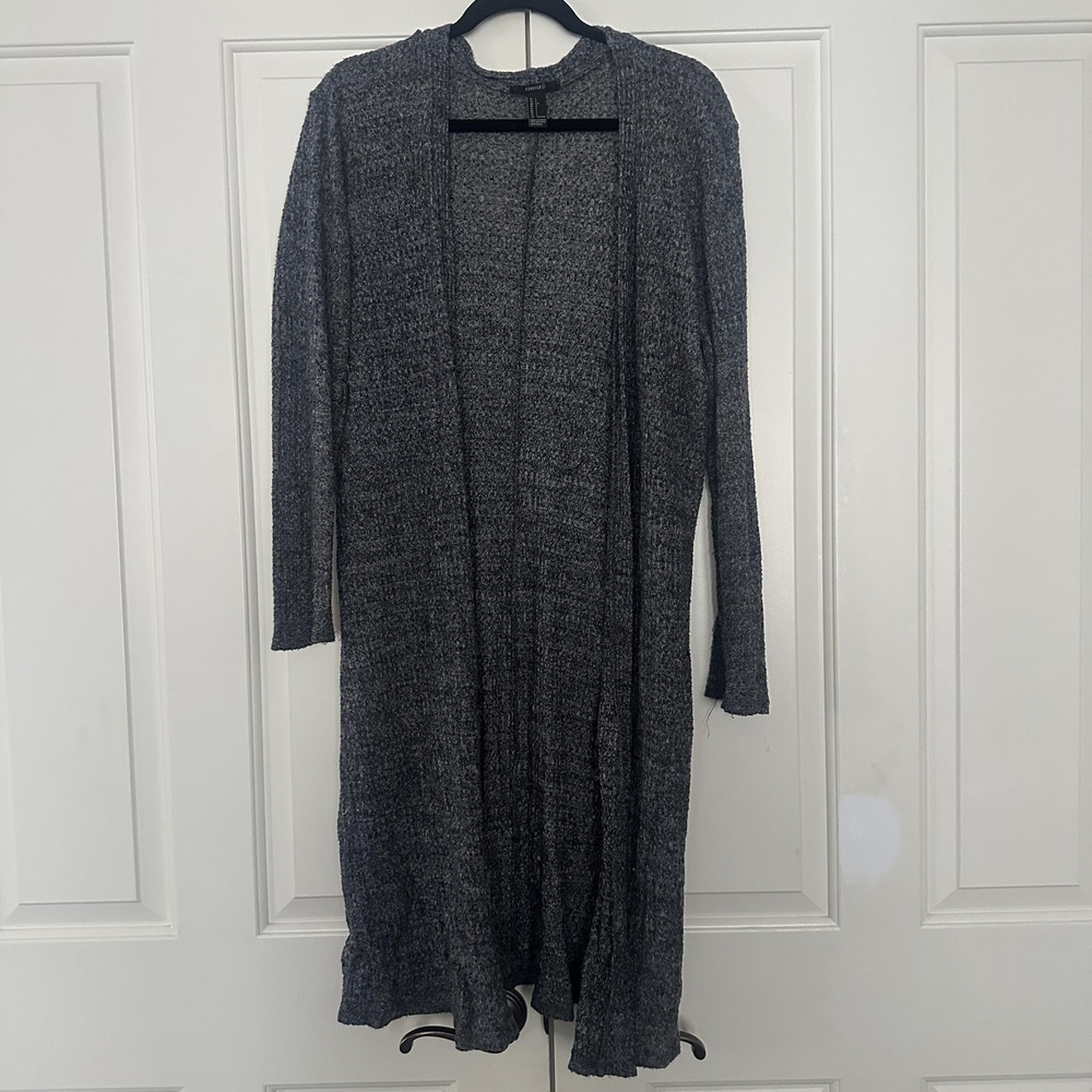 Forever 21 Cardigan Sweater Womens‎ Large Gray Open Front Longline Duster Knit